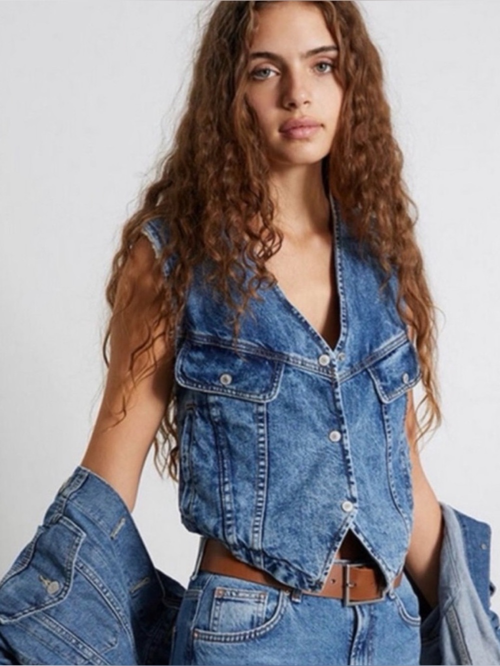 FREE PEOPLE Vest WE THE FREE FLORENCE RANCH DENIM VEST Sherpa Blue Size Medium